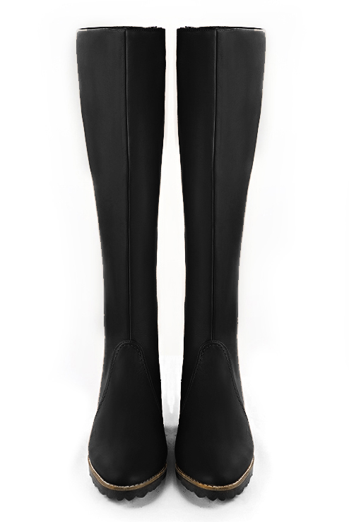 Satin black women's riding knee-high boots. Round toe. Flat rubber soles. Made to measure. Top view - Florence KOOIJMAN
